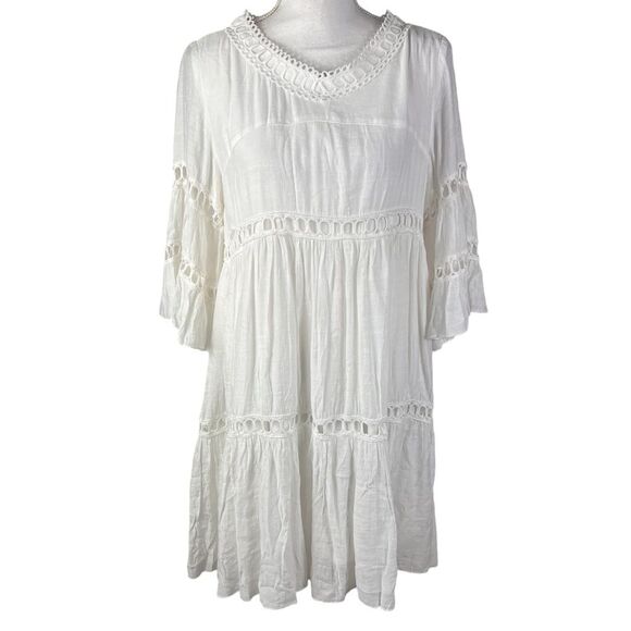 New Listicle White Crochet Eyelet Dress Large Gauze Lined Boho Beachy - Picture 2 of 16
